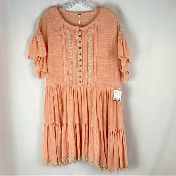 FREE PEOPLE MELON CAT Embroidered Tiered  Casual Mini Dress Size SP - Picture 3 of 11